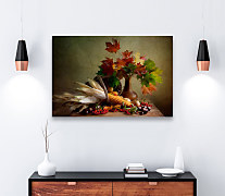 Obraz Jesenné zátišie s listami, listy jeseň kukurica gaštany